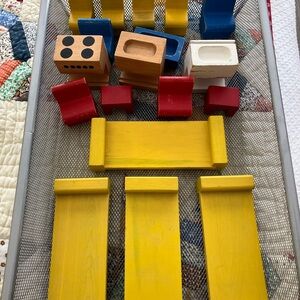Vintage wooden dollhouse furniture.  18 pieces, red, yellow, and blue.